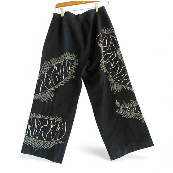 Nikki Valentine Pants - Nikki Valentine Irish Linen Black Sequin Embroidered Wide-Leg Crop Pants Size 10